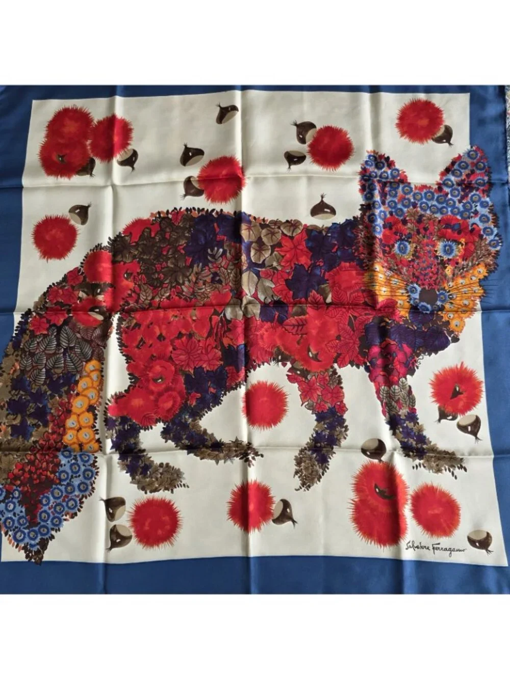 Vtg Salvatore Ferragamo Fox Silk Floral Print Hand Rolled Scarf